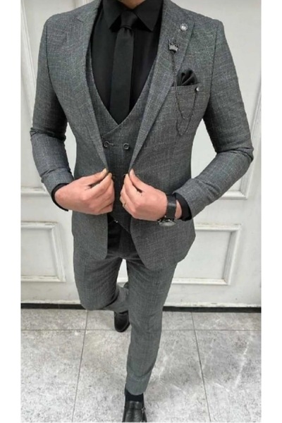 MISTER MR.PAPYON FASHION Erkek Füme Slim Fit Yelekli Takım Elbise