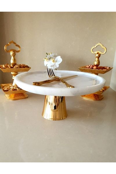 Panoramas Home Natural Marble Pastry Cake Stand with Brass Legs