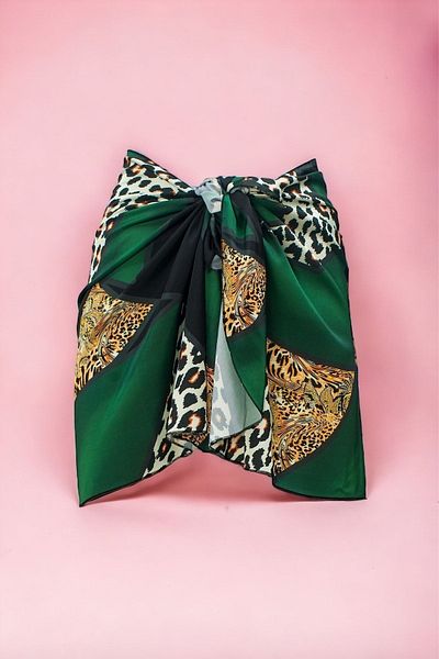 pistore Green Leopard Patterned Short Pareo Satin No Sheer Women's Beach Dress New Season