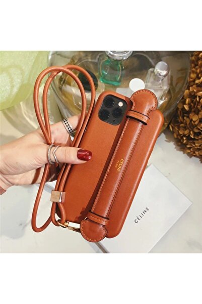 Phone 13 Uyumlu Celine Taba Deri Askılı Kılıf