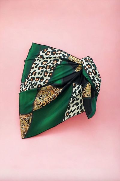 pistore Green Leopard Patterned Short Pareo Satin No Sheer Women's Beach Dress New Season