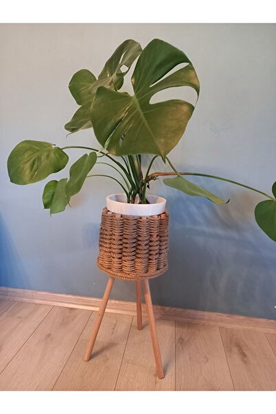 ProffArt Ahşap Örgü Saksı Standı Jüt Saksılık Ahşap Jüt Saksı Sehpası Ahşap V...