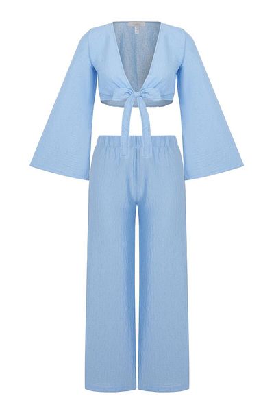 AQUELLA Crop Top-Pants Textured Blue Double Suit
