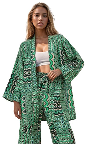 Cassime Kimono de damă cu model etnic verde - Design de vară de in