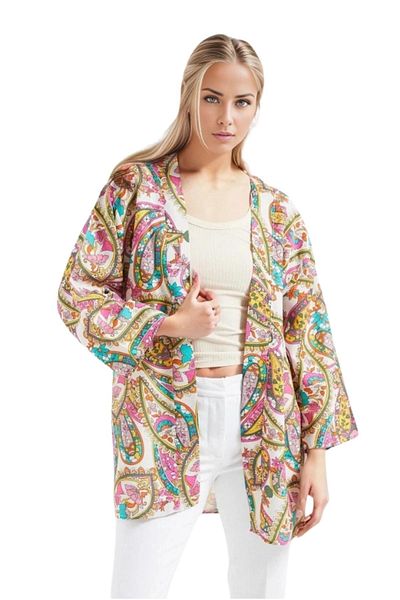 Cassime Kimono de damă casual din in colorat cu model etnic