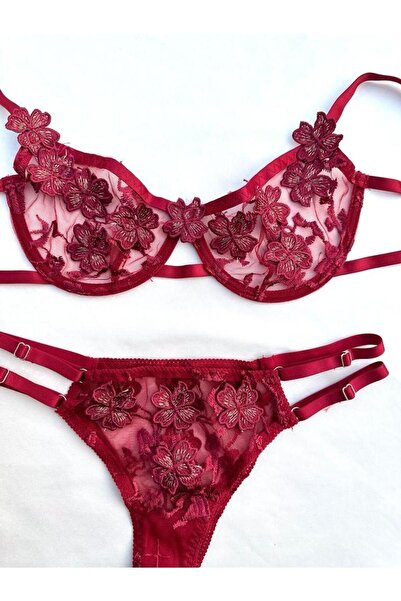 Lilith İnside Σετ σουτιέν με κεντητό γκλίτερ Daisy, Σετ Bralet με μπορντό εσώ...