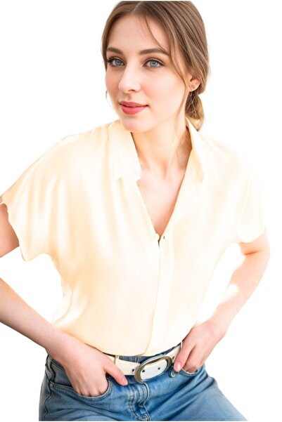 Cassime Ecru Viscose Short Sleeve Bat Sleeve Women's Shirt - Buttoned