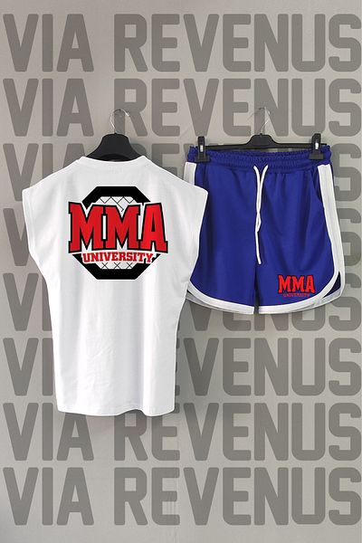 Vordevia MMA University Λευκό αθλητικό μπλουζάκι και μπλε αθλητικό σορτς - Crew λαιμόκοψη, μηδενικό μανίκι
