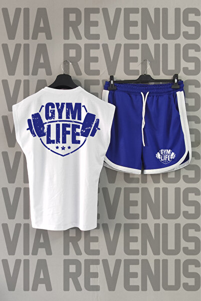 Vordevia Gym Life Back Printed Zero Sleeve Crew Neck White Sports Tshirt and Blue Sports Shorts Set
