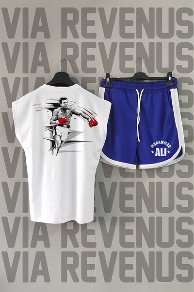 Vordevia Muhammad Ali Back Printed Crew Neck Λευκό και Μπλε αθλητικό σετ - μηδενικά μανίκια