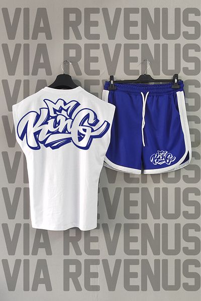 Vordevia King White Sports T-shirt and Blue Sports Shorts Set - Back Print, Zero Sleeve