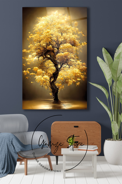 gamze store Sarı Yapraklı Ağaç Cam Tablo, Modern Ev Ofis Salon Duvar Dekoru H...