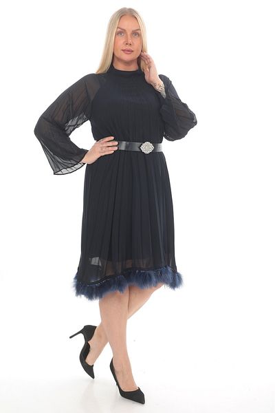etselements X MODAPO Plus Size Γυναικείο Φόρεμα - Πλισέ σιφόν με ζώνη, φτερωτή επένδυση