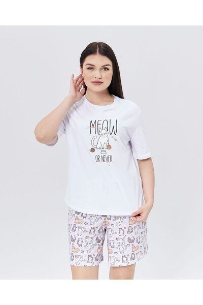 YHGTEKSTİL Pure Cotton Short Sleeve Pajama Set - Kitten Patterned Shorts