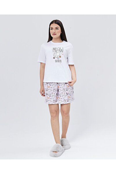 YHGTEKSTİL Pure Cotton Short Sleeve Pajama Set - Kitten Patterned Shorts