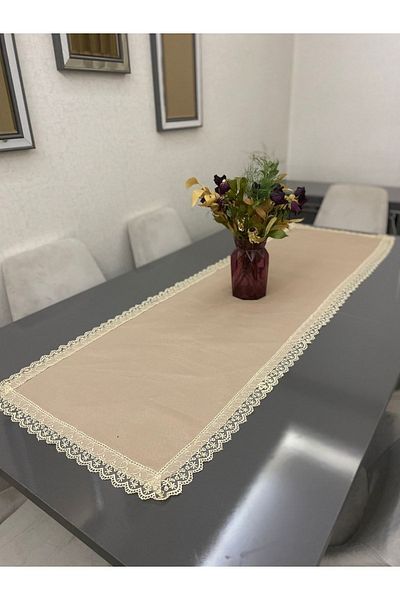 Parla Life Dantela Brodata Bej Duck Linen Fabric Runner