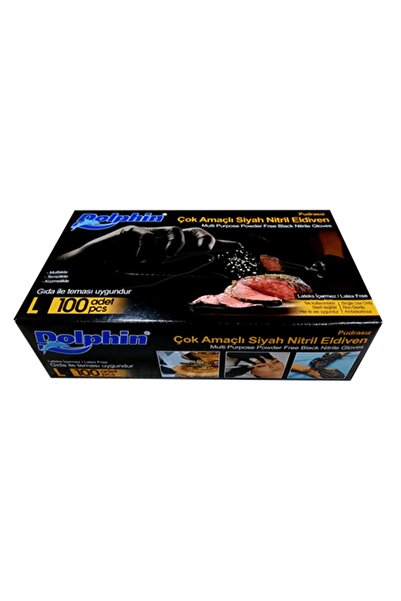 Dolphin hijyenik 100 Lü Çok Amaçlı Pudrasız Nitril Eldiven Siyah L 20 paket