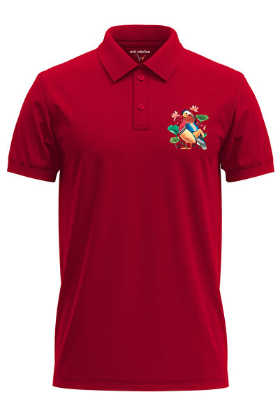 WİDİ Tricou roșu cu guler polo din bumbac 100% cu imprimeu colorat Mandarin Duck