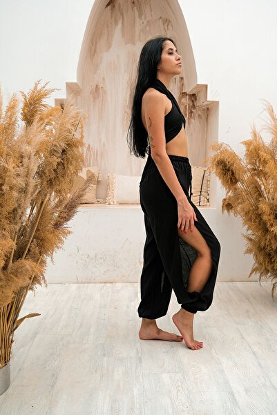 Freya Tribe Siyah Yırtmaçlı Yoga Dans Pantolon Şalvar