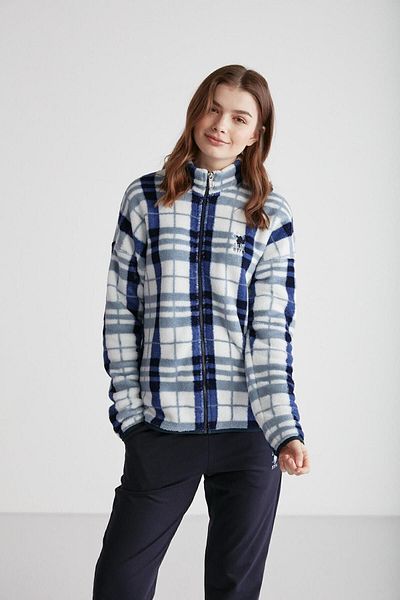 U.S. Polo Assn. Set de pijamale din 2 piese pentru femei, din bumbac, în carouri, albastru marin și alb, cu fermoar, picior drept, fleece