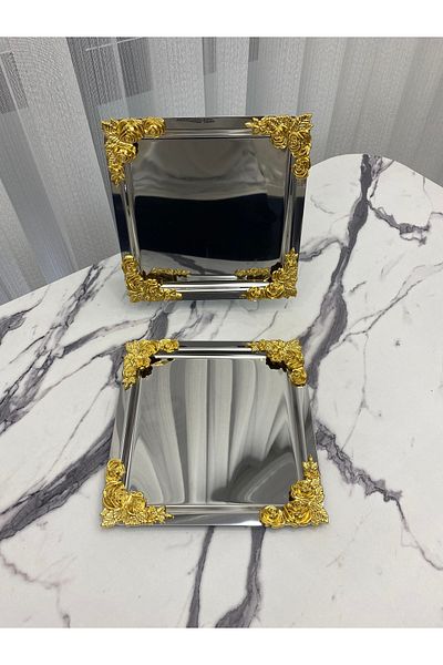 NEWTREND Züccaciye 4 Cornered Flower Patterned Silver Plated - Tea, Coffee, Treat Serving 21x21