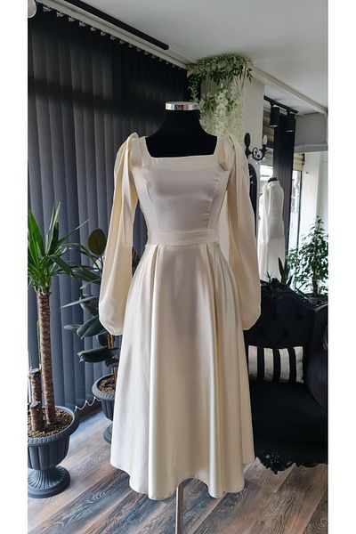 makbuleofficial Ekrubeyaz Satin, Bows on the Shoulder, Midi Length, Promise Engagement Homecoming Dress