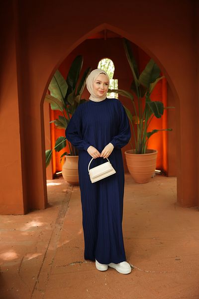 Nissra Ankanoor Navy Blue Hijab Balloon Sleeve Striped Knitwear Dress Anka 257002