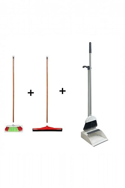 MCK Plus 3-Piece Cleaning Set - Foldable Mouse with Wooden Handle, Brush, Flap and Flap Comb
