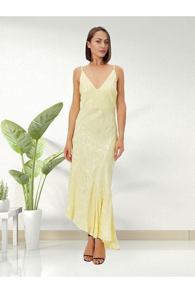 WOMAN VISION Rochie de seară elegantă, galbenă, cu decolteu în V, cu bretele în spate - 001