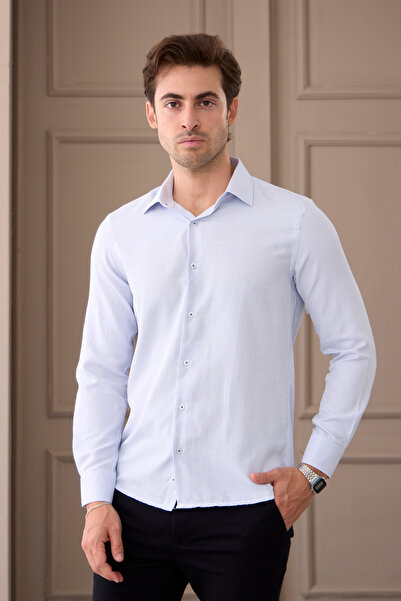 RAVANELLI Navy Blue Slim Fit Classic Collar Patterned Cotton Shirt - Long Sleeve