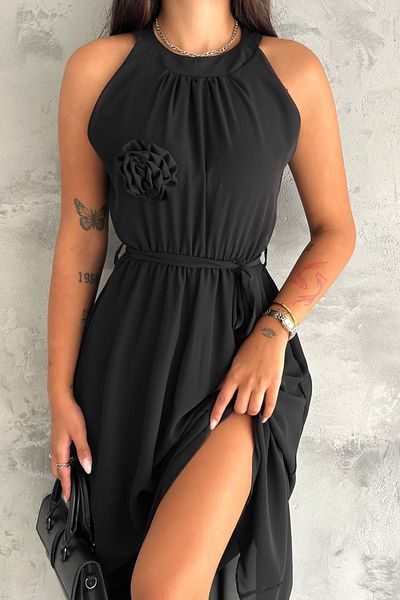 Neşeli Butik Rochie lungă din șifon - Detaliu broșă cu trandafiri, NBK2144