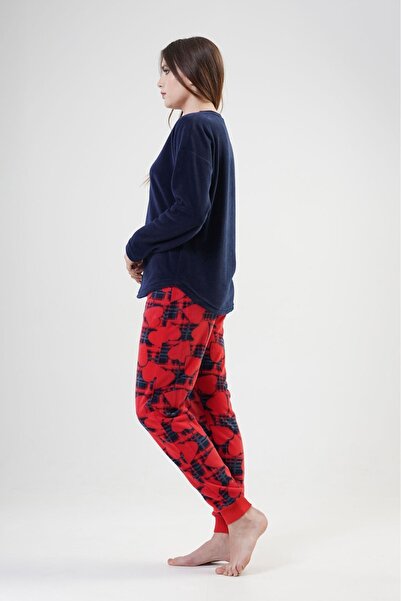 VİENETTA Kadın Polar Lacivert Yuvarlak Yaka Uzun Kollu Düşük Omuz Manşetli Desenli Pijama Takımı