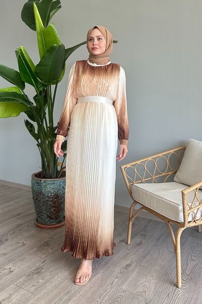 InStyle Geçişli Piliseli Bej Saten Elbise
