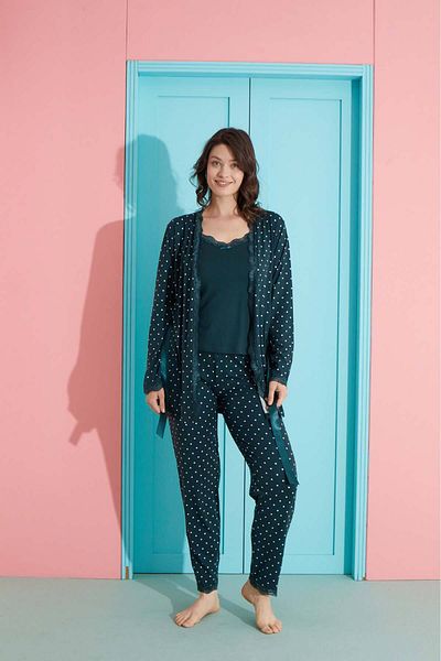 Pijamoni Set de pijamale pentru damă cu imprimeu - Guler cu buline și picior din dantelă