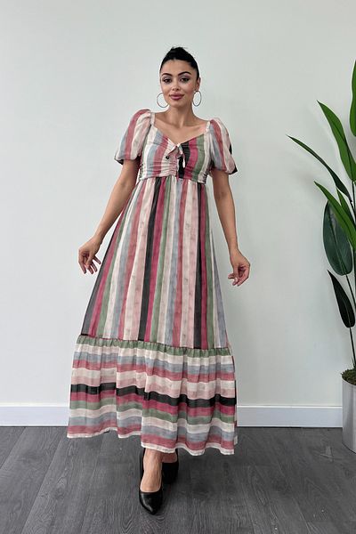 giyimmasalı Balloon Sleeve Chiffon Dress - Colorful Striped, CREAM