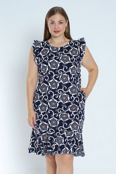 İntensive Navy blue plus size print - φόρεμα από 100% βαμβακερή τσέπη και βολάν μανίκια και φούστα