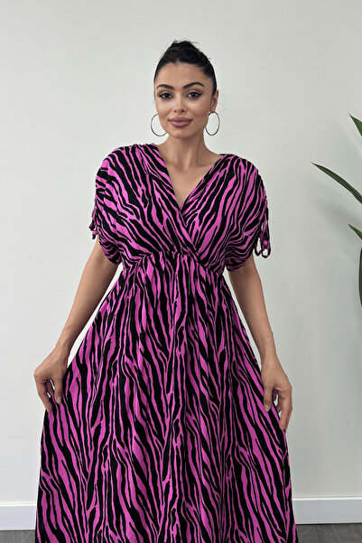 giyimmasalı Viskon Kumaş Beli Lastikli Midi Elbise  - PEMBE