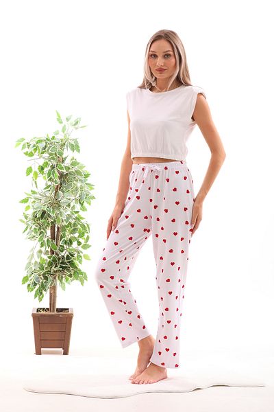 Arvin Pijama Pantaloni de pijama de vară cu textura moale, imprimați cu inimă albă, cu panglică