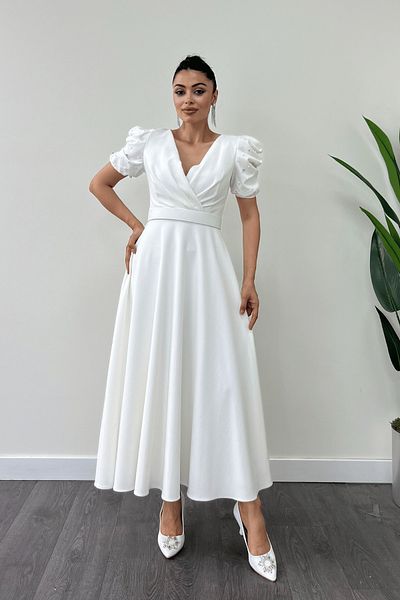giyimmasalı Rochie midi albă cu mânecă cu balon și detaliu perlat - țesătură Atlas