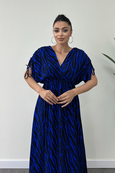 giyimmasalı Viskon Kumaş Beli Lastikli Midi Elbise  - SAKS MAVİ