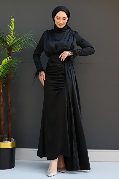 GİZ AGİYİM Μαύρο Σατέν Φόρεμα Hijab - Γούνινο