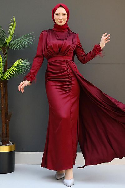 GİZ AGİYİM Μπορντό Φόρεμα Hijab - Γούνινο και Σατέν