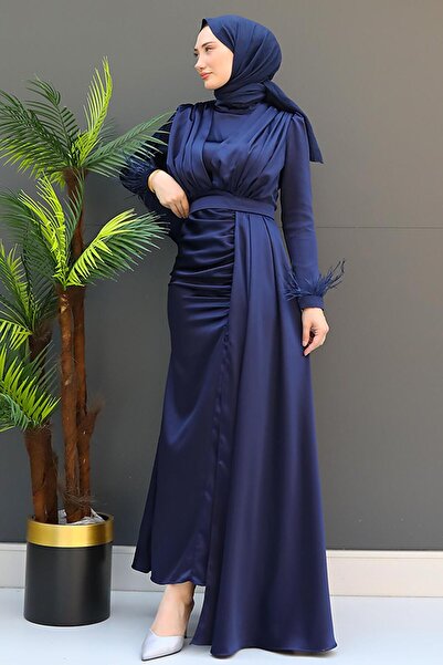 GİZ AGİYİM Μπλε Navy Satin Hijab Φόρεμα - Γούνινο