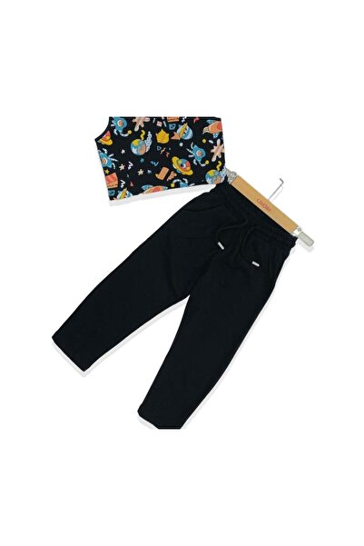 Çikoby Girl's Sleeveless Printed Cotton T-shirt and Elastic Waist Leg Tracksuit Set