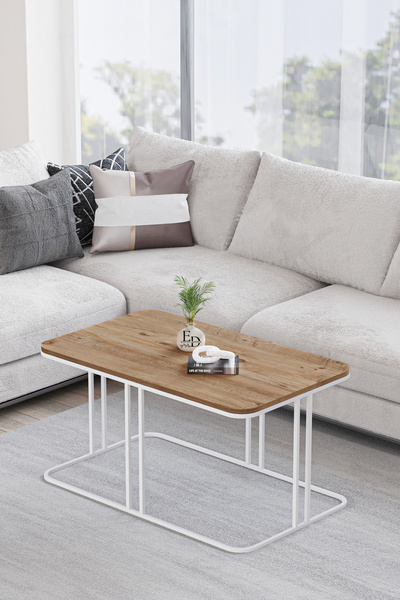 ED Efelez Design Orta Sehpa , Lyon Orta Sehpa , Beyaz Metal - Atlantik Çam Tabla