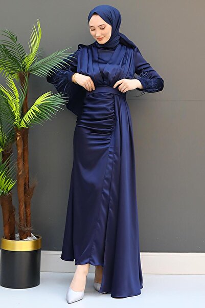 GİZ AGİYİM Μπλε Navy Satin Hijab Φόρεμα - Γούνινο