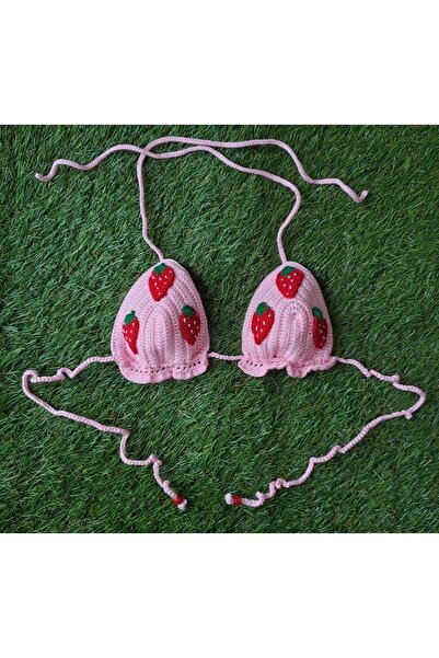 SOUL BY A&B El Örgüsü Çilek Çilekli Pembe Bikini Genç Kız Yaz Yazlık Beach Bikini Crop