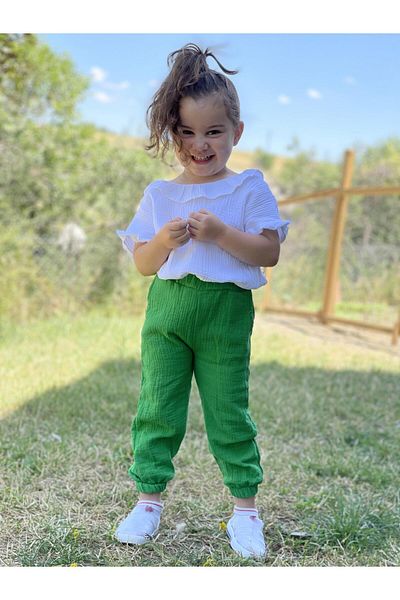 meqlife Green Unisex Children's Muslin Fabric - Pocketed and Latched Trousers