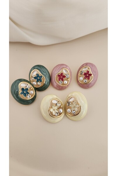 Momos Çiçek Desenli İncili Taşlı Renkli Şık Çelik Küpe