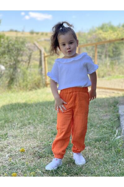 meqlife Unisex Çocuk Müslin Kumaş pantolon Cepli Pacası Latikli Pantolon Turuncu